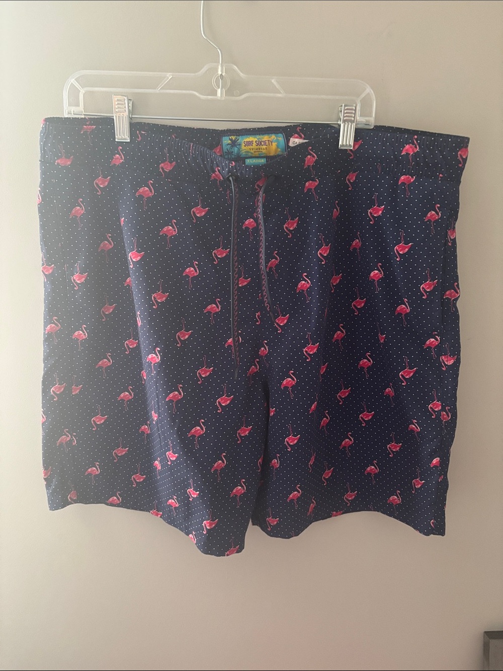 Society Navy Swim Shorts with Pink Flamingo Print